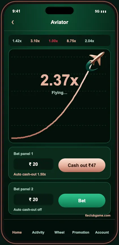 6E Club Game Aviator crash screen
