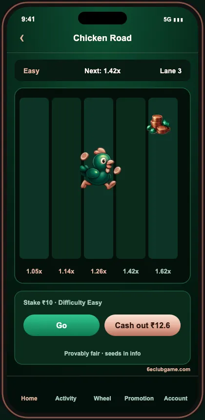 6E Club Game Chicken Road game screen