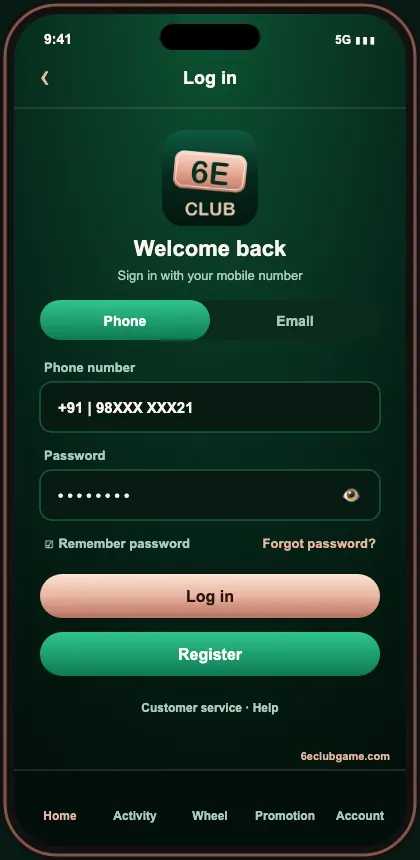 6E Club Game login screen