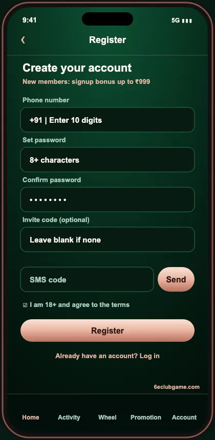 6E Club Game registration screen